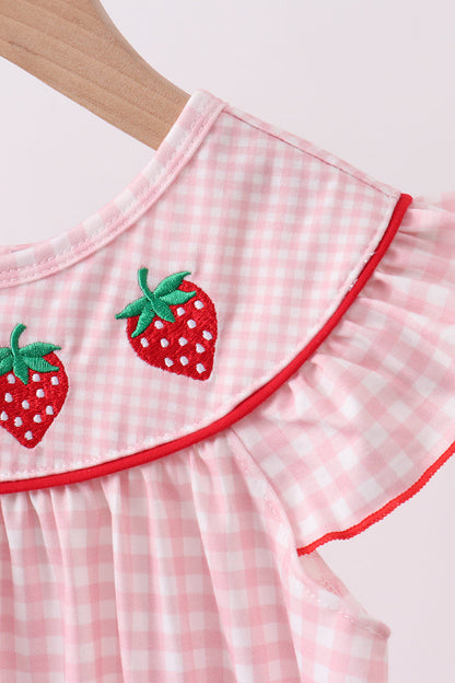 Pink strawberry embroidery gingham dress