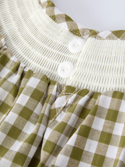 Green Plaid Fish Embroidered Baby Girls Smocked Dress