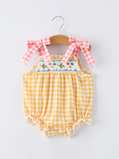Fish Embroidery Smocking Plaid Baby Girl Romper