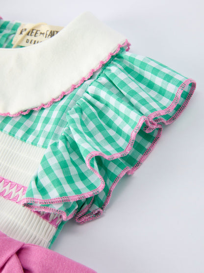 Pickle Ball Bow Ruffle Smocked Green Baby Girl Romper