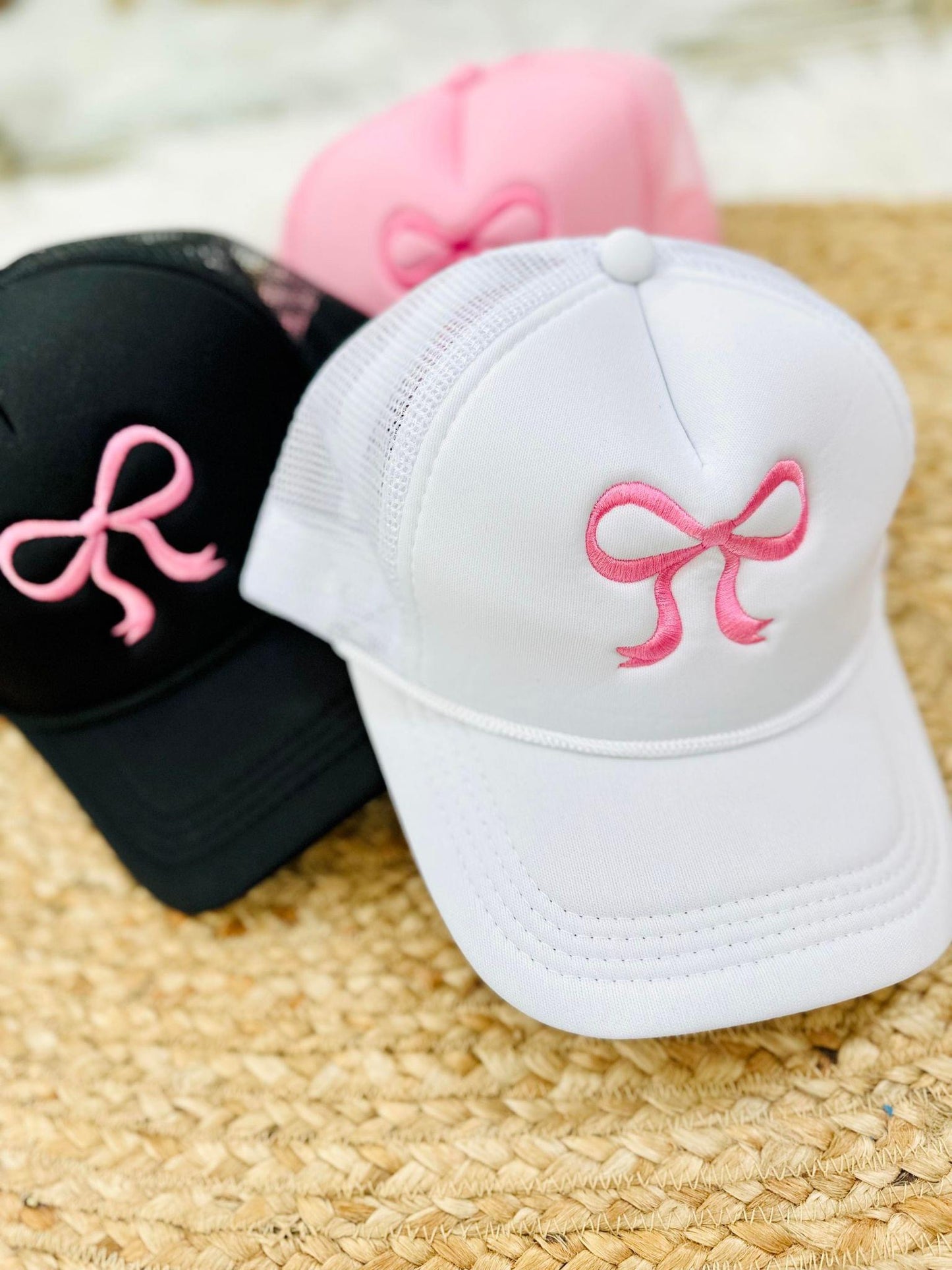 Embroidered Bow Hats-Black