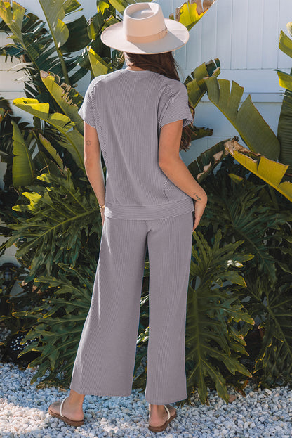 Blue Solid Corded Knit Short Sleeve T Shirt and Wide Leg Pants Set