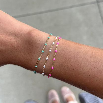 turquoise + pink + white daisy bracelet triple stack