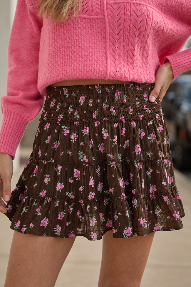 Through the Garden Brown and Pink Flower Print Skort FINAL SALE