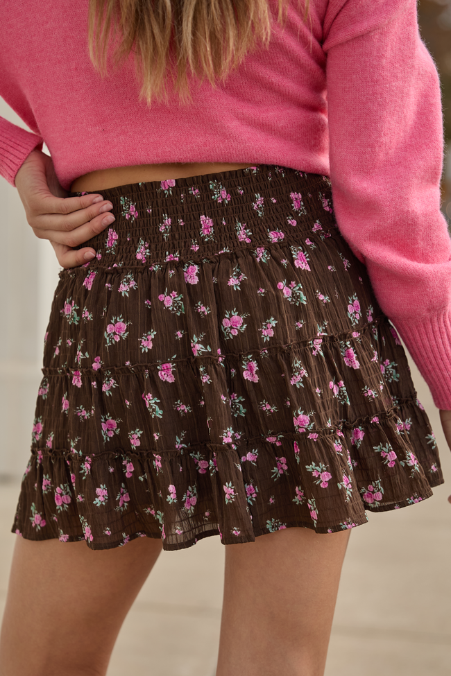 Through the Garden Brown and Pink Flower Print Skort FINAL SALE