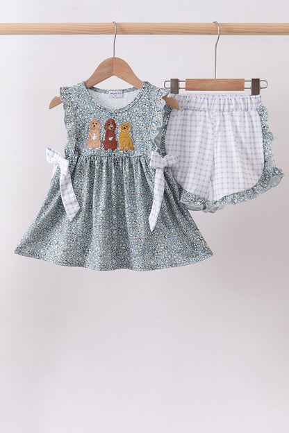 Floral puppy embroidery ruffle shorts set