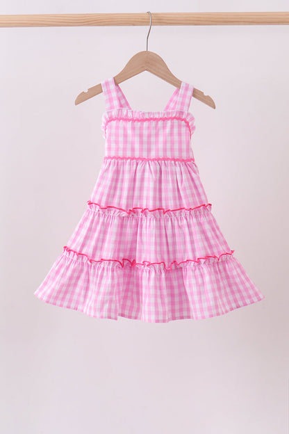 Pink gingham ruffle tiered dress