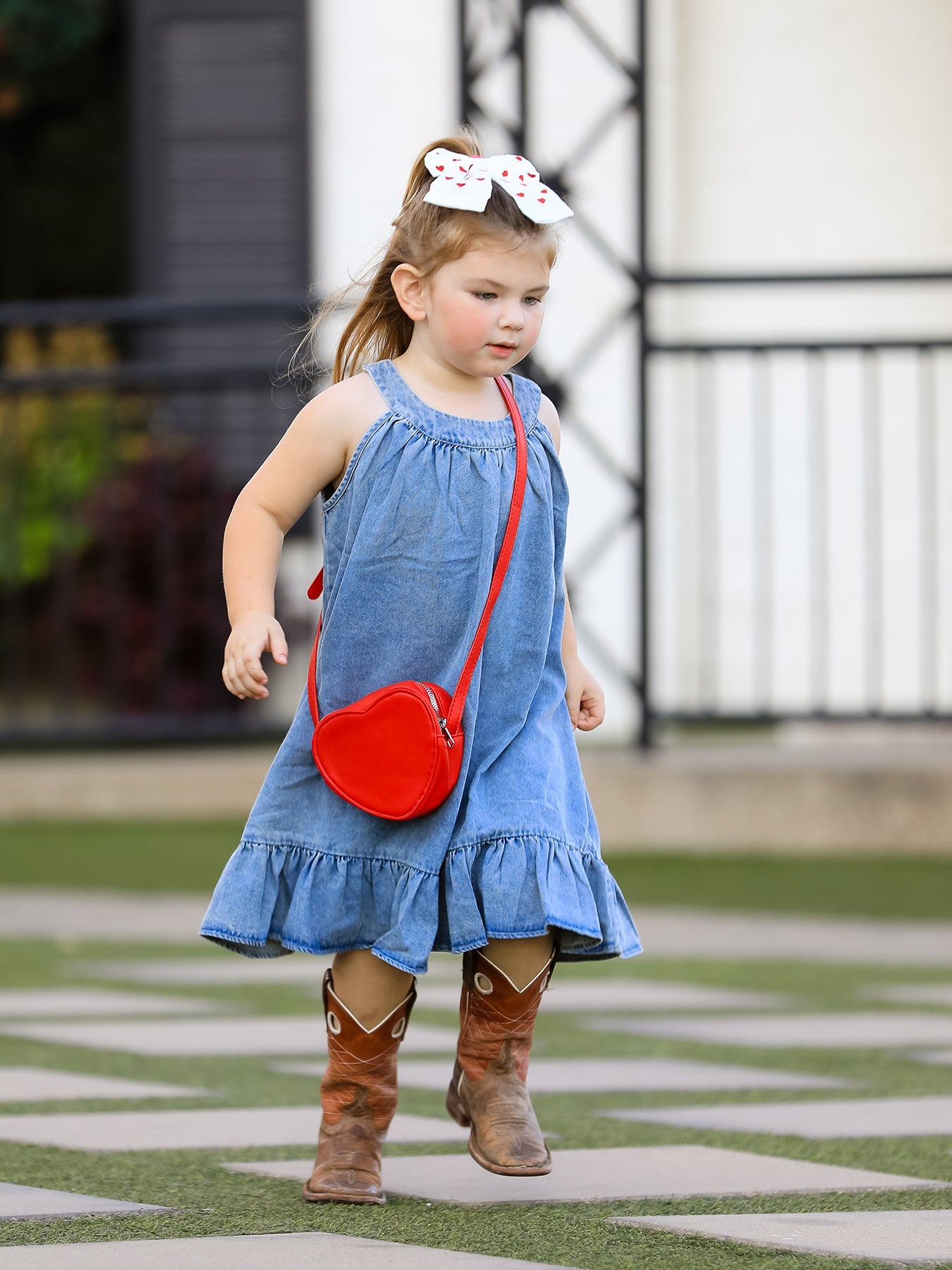 Girls Denim Ruffle Trim A-Line Dress