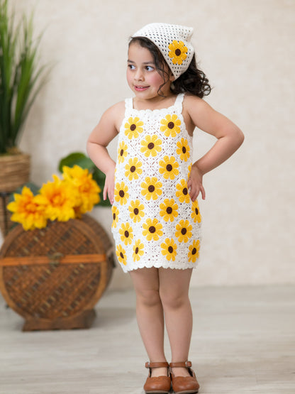 Summer Crochet Sunflower Girl Dress with Headscarf